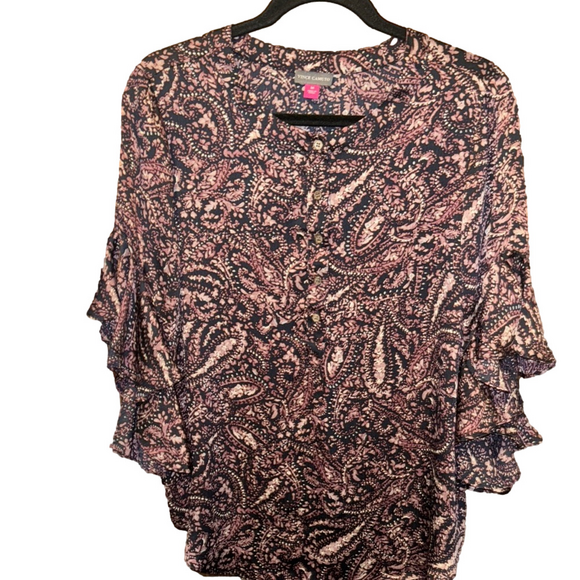 Vince Camuto Navy and Mauve Ruffled Bell Sleeve Blouse - Picture 3 of 6